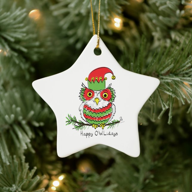 Owl Funny Christmas Cute Holiday Ceramic Ornament (Tree)