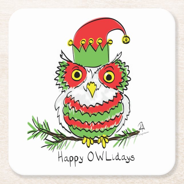 Owl Funny Christmas Cute Kids Square Paper Coaster (Front)