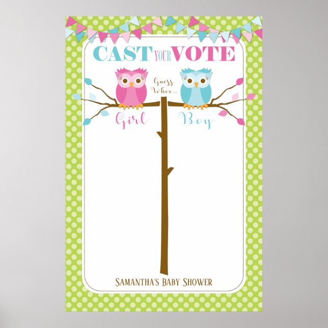 Owl Gender Reveal Baby Shower Voting Game Poster (Front)