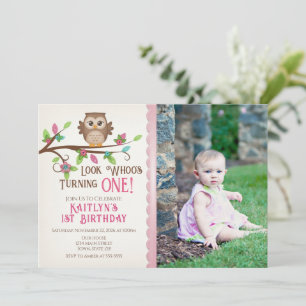 Owl Girl 1st Birthday Invitation 5x7 Photo Card