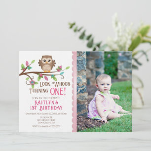 Owl Girl 1st Birthday Invitation 5x7 Photo Card