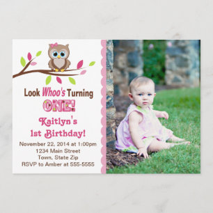 Owl Girl 1st Birthday Invitation 5x7 Photo Card