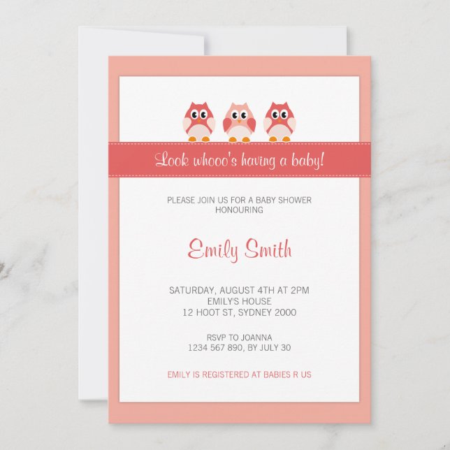 Owl Girl Baby Shower Invitation (Front)