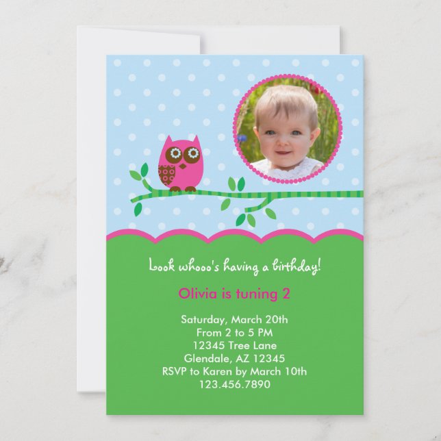 Owl Girl Birthday Photo Invitation (Front)