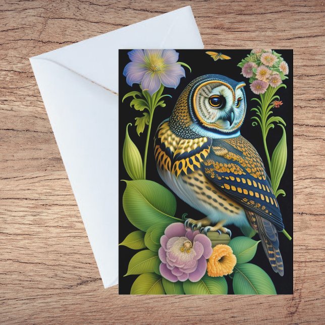 Owl Green Floral Illustration Blank Note Card (Creator Uploaded)