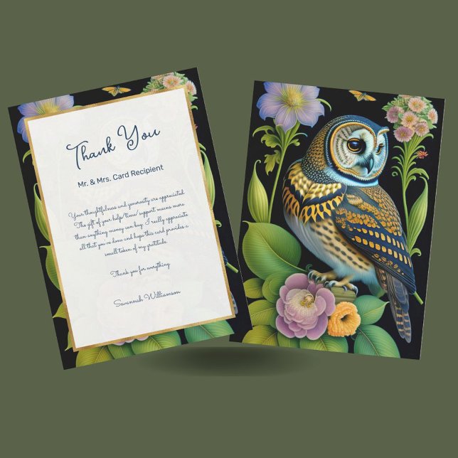 Owl Green Floral Illustration Personalised Thank You Card (Creator Uploaded)