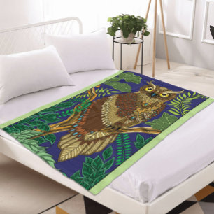 Owl Green Forest Leaves Fleece Blanket