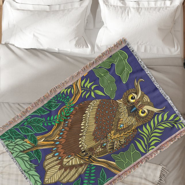 Owl Green Forest Leaves Throw Blanket (Creator Uploaded)