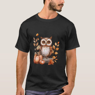 Owl Halloween Autumn Leaves Artwork Pumpkin Trick T-Shirt