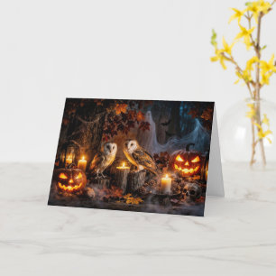 Owl Halloween with Candles Jack O Lanterns Card