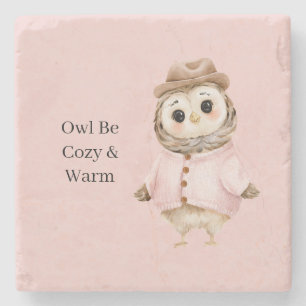 Owl Hat Pink Sweater Cosy & Warm Stone Coaster