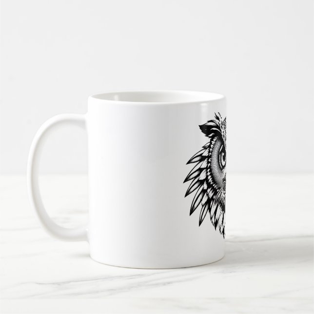 Owl Head Design Black & White Coffee Mug (Left)