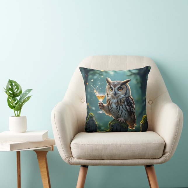 Owl Holding a Cocktail In a Mystical Forest Cushion (Chair)
