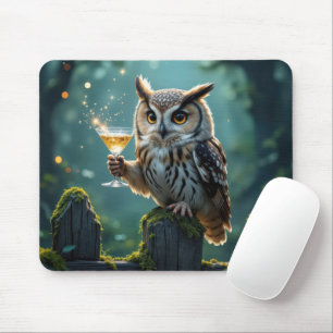 Owl Holding a Cocktail In a Mystical Forest Mouse Pad