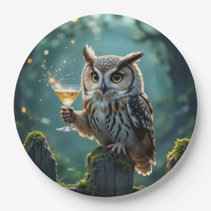 Owl Holding a Cocktail In a Mystical Forest Paper Plate