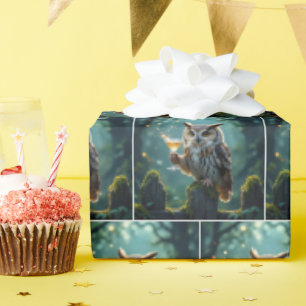 Owl Holding a Cocktail In a Mystical Forest Wrapping Paper