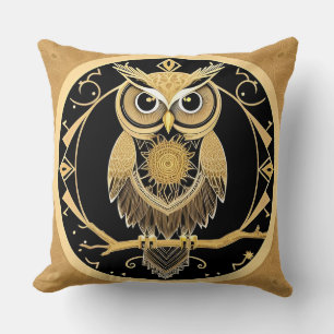 Owl Illustration in Golden Mandala Style Cushion
