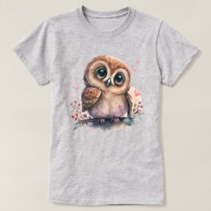 Owl Illustration Surrounded by Hearts and Blossoms T-Shirt