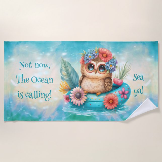 Owl in a flowered pool float beach towel (Front)