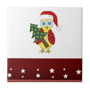 Owl in a Santa Hat with Christmas Tree Ceramic Tile