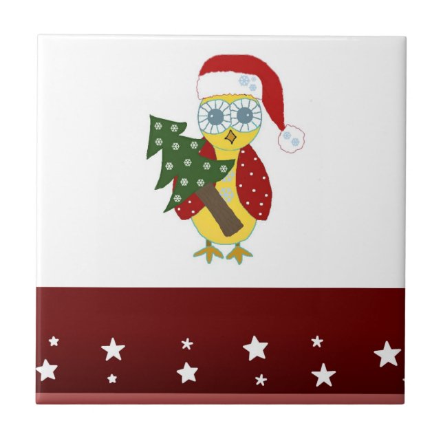 Owl in a Santa Hat with Christmas Tree Ceramic Tile (Front)