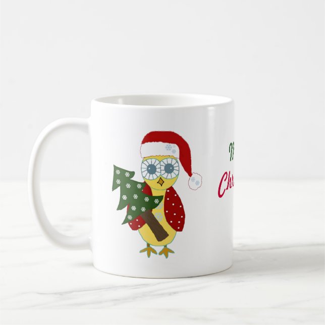 Owl in a Santa Hat with Christmas Tree Coffee Mug (Left)