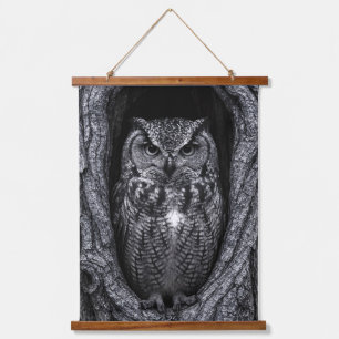 Owl in a Tree Hollow Black and White Hanging Tapestry