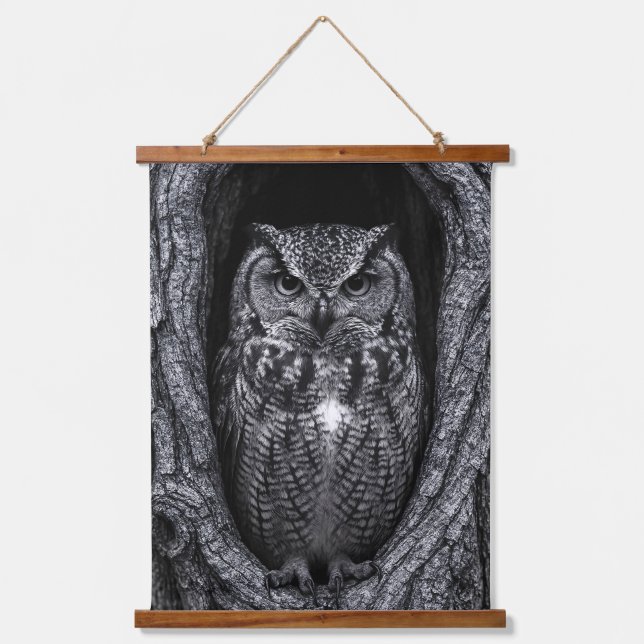 Owl in a Tree Hollow Black and White Hanging Tapestry (Front)
