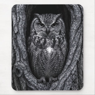 Owl in a Tree Hollow Black and White Mouse Pad