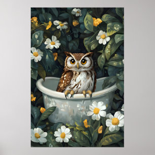 Owl In Bathtub Poster, Funny Animal Poster, Owl Poster