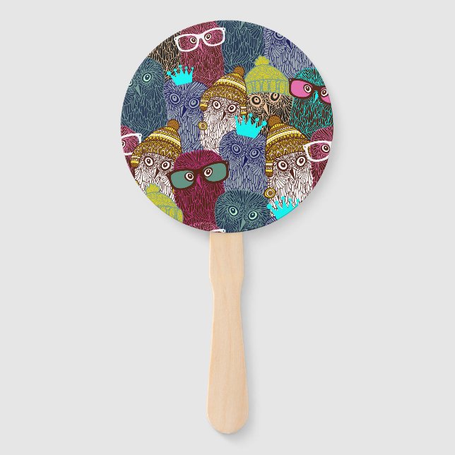 Owl in crown hand fan (Front)