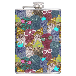 Owl in crown hip flask