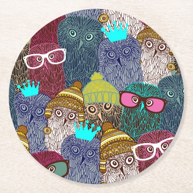 Owl in crown round paper coaster (Front)