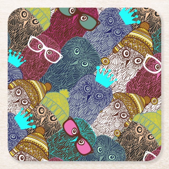 Owl in crown square paper coaster (Front)