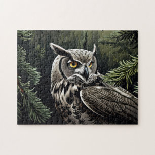 Owl in evergreen forest jigsaw puzzle