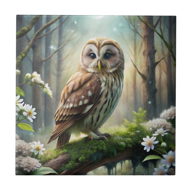 Owl in Forest Ceramic Tile (Front)