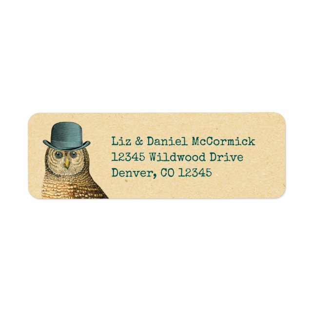 Owl in Green Derby Hat Return Address Label (Front)