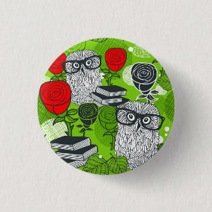 Owl in red roses 3 cm round badge