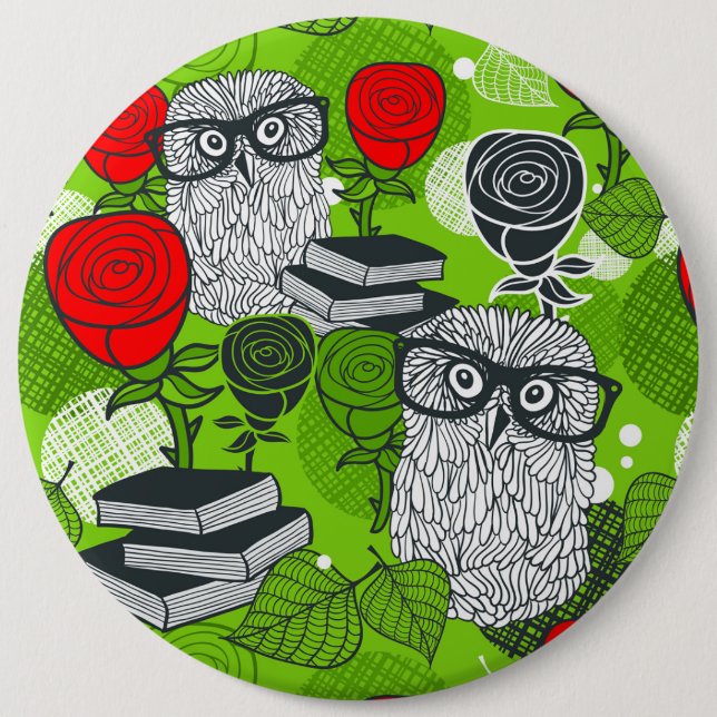 Owl in red roses 6 cm round badge (Front)