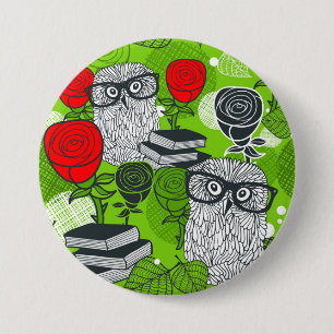 Owl in red roses 7.5 cm round badge