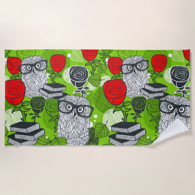 Owl in red roses beach towel (Front)