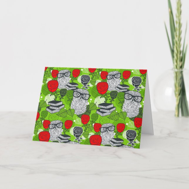 Owl in red roses card (Front)