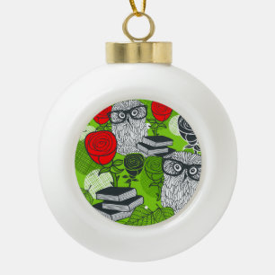Owl in red roses ceramic ball christmas ornament