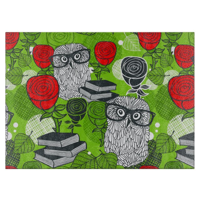 Owl in red roses cutting board (Front)