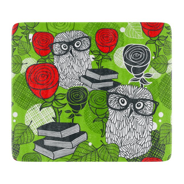 Owl in red roses cutting board (Front)