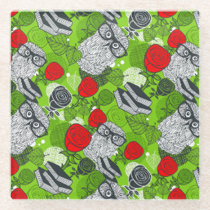 Owl in red roses glass coaster
