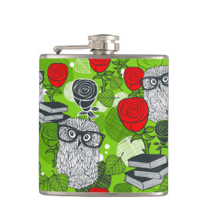 Owl in red roses hip flask