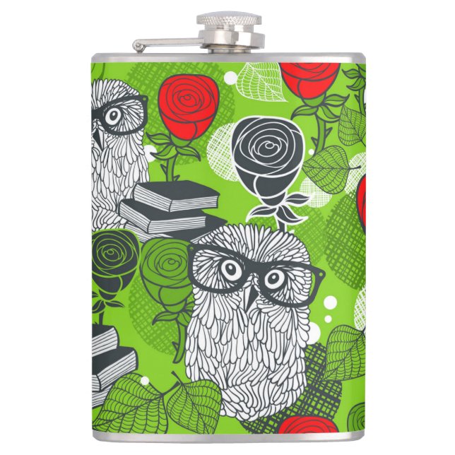 Owl in red roses hip flask (Front)