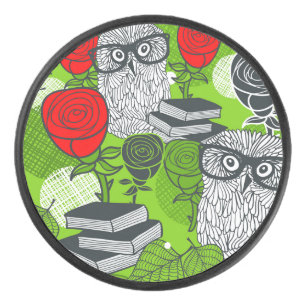 Owl in red roses hockey puck