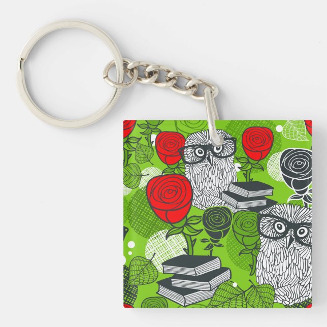 Owl in red roses key ring (Front)